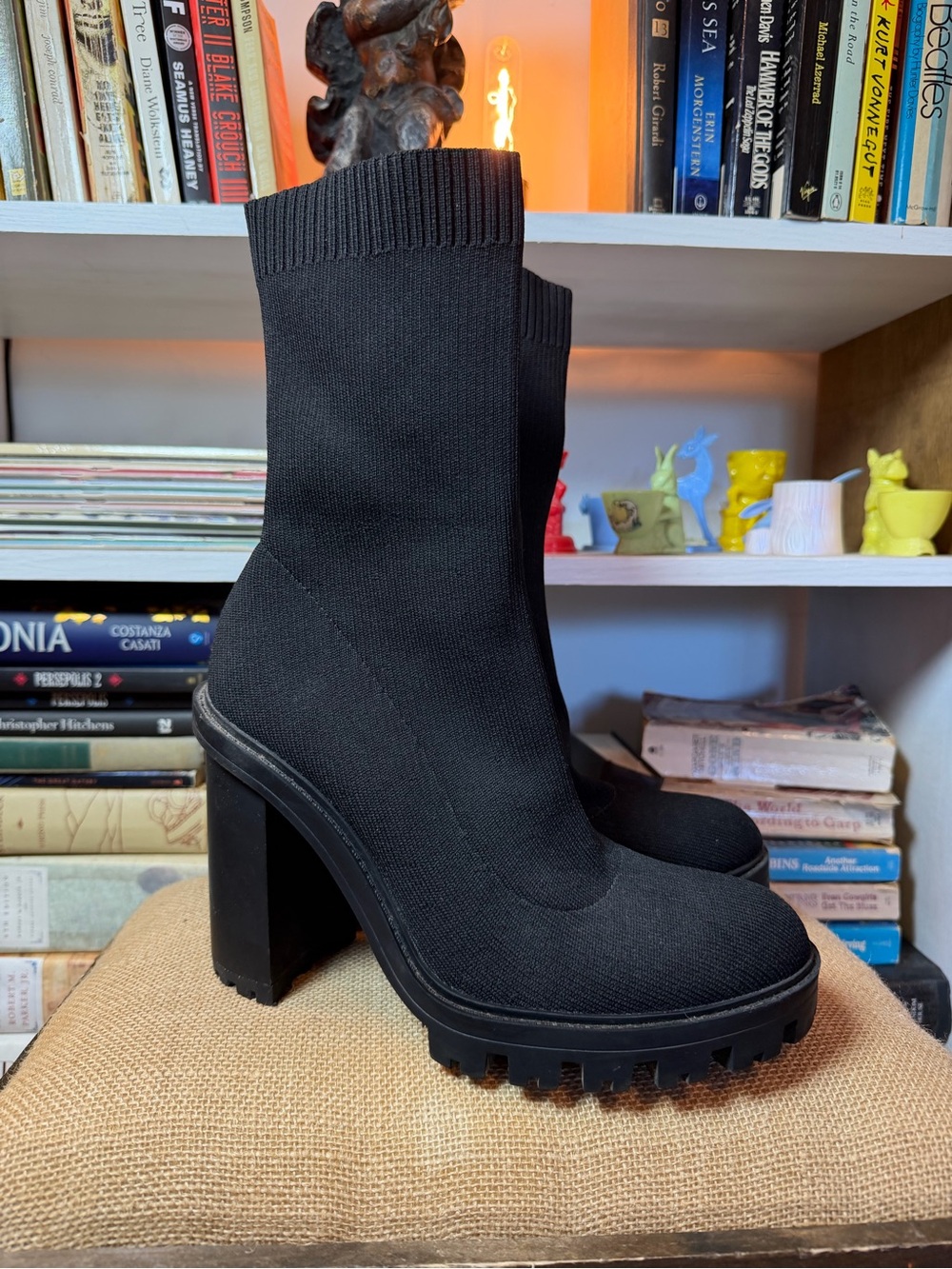 Black Knit Sock Boot Heels - Women